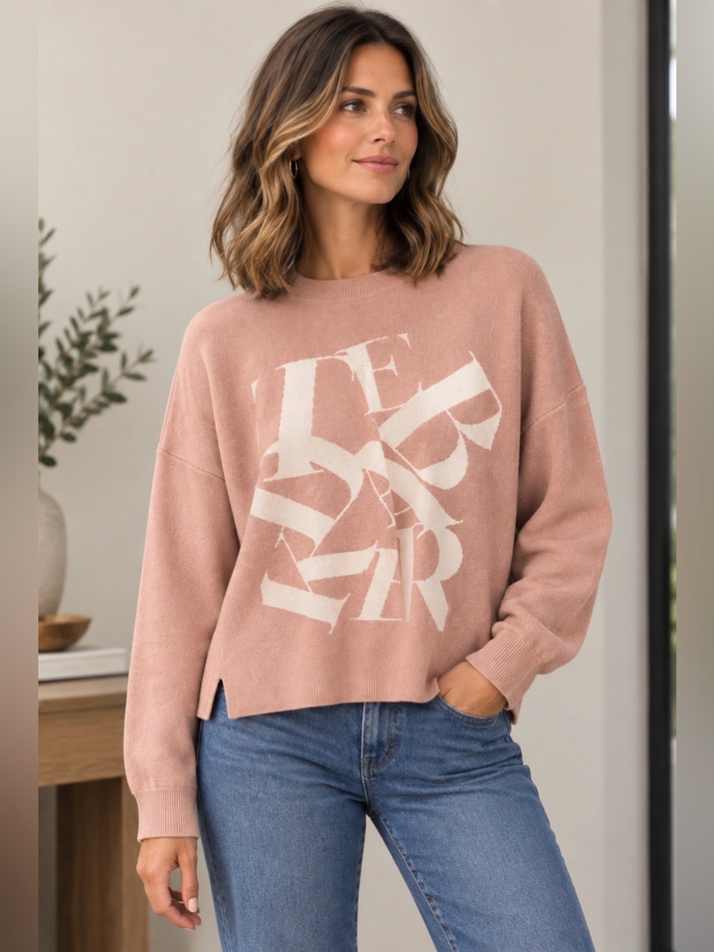 Ted Baker Boxy Knit Sweater with Graphic Front - Blush Pink